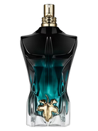 Jean Paul Gaultier Le Beau Le Parfum bottle shaped like a muscular torso, with black and teal gradient.