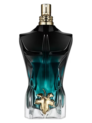 Jean Paul Gaultier Le Beau Le Parfum bottle shaped like a muscular torso, with black and teal gradient.