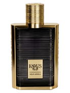 Karus Gold Absolu perfume bottle with gold accents and black ribbed body.