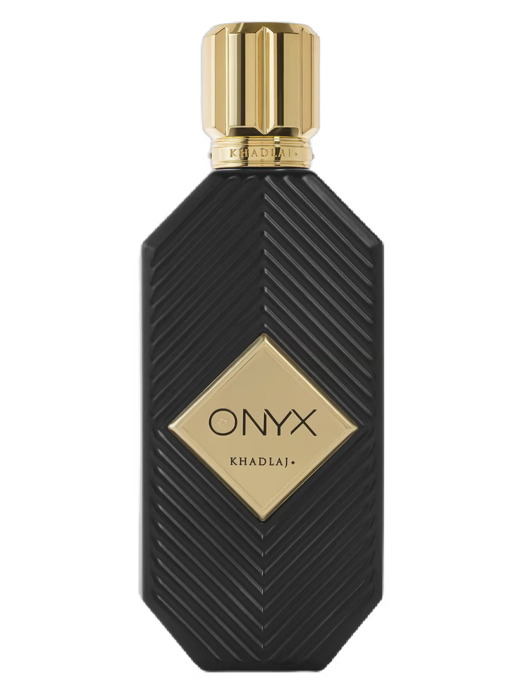 Khadlaj Onyx Gold EDP fragrance bottle with a black textured body and gold cap.