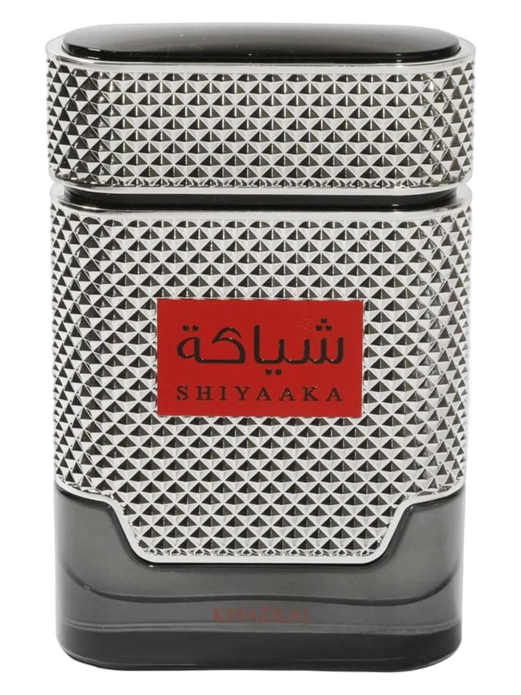 Khadlaj Shiyaaka for Men EDP decant bottle with textured silver accents and a red label.