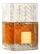 Lattafa Khamrah Eau de Parfum bottle with amber liquid and a gold label.