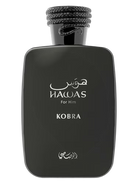 Rasasi Hawas Kobra for Him fragrance bottle with Arabic script and 'KOBRA' text.