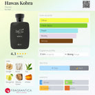 Rasasi Hawas Kobra men's fragrance bottle with notes and fragrance profile details.