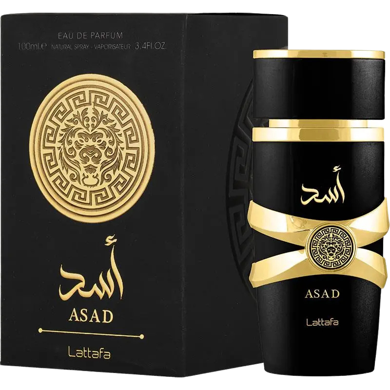 A black and gold bottle of Lattafa Asad Eau de Parfum with Arabic script.