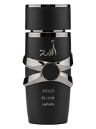Black bottle of Lattafa Asad Elixir fragrance with silver accents and Arabic script.