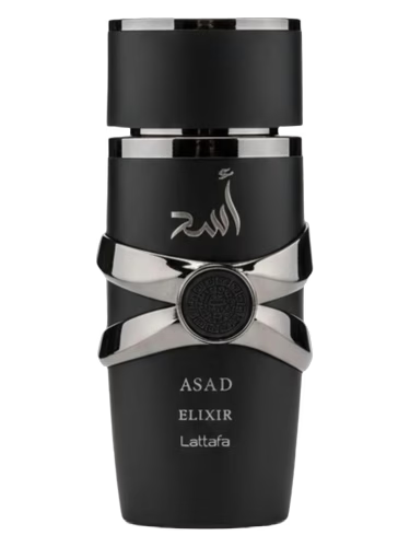 Black bottle of Lattafa Asad Elixir fragrance with silver accents and Arabic script.