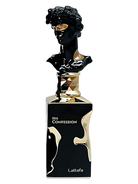 Lattafa His Confessions Eau de Parfum bottle with a black bust of David and gold accents.