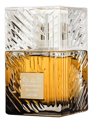 Lattafa Khamrah Qahwa Eau de Parfum bottle with gold fluted glass and clear patterned cap.