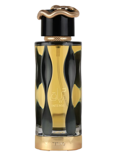 Lattafa Teriaq Intense Eau de Parfum bottle with gold snake cap detail.