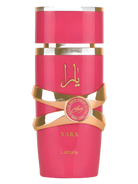 Pink Lattafa Yara Candy perfume bottle with gold accents and Arabic script.