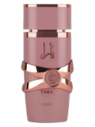 Pink Lattafa Yara Elixir perfume bottle with rose gold accents and Arabic script.