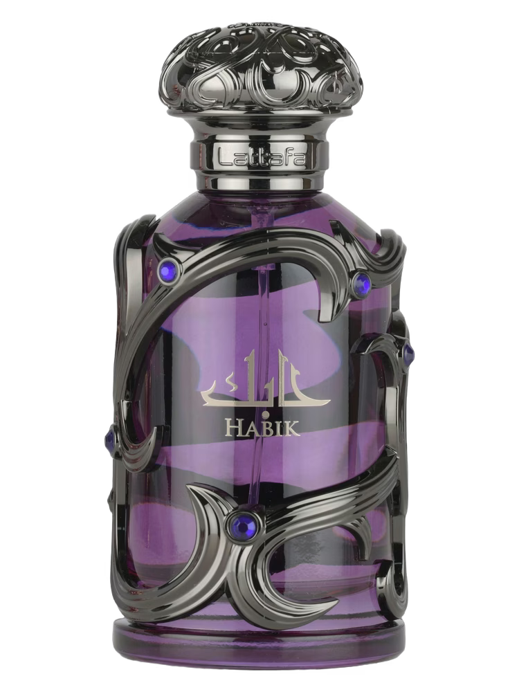 Lattafa Habik for Men EDP decant bottle with purple liquid and ornate silver accents.