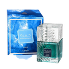 Lattafa Khamrah Waha perfume bottle and box with blue abstract design.