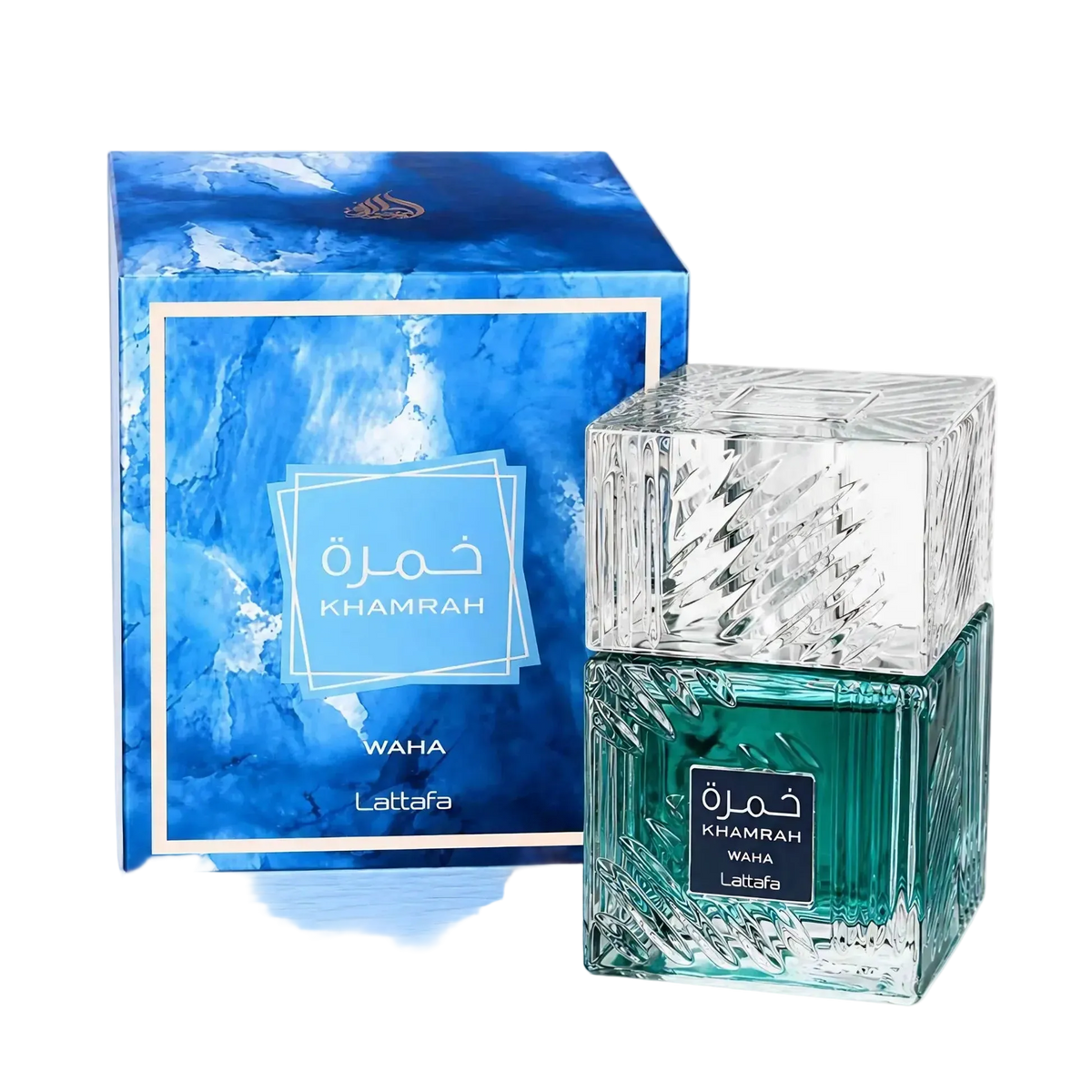 Lattafa Khamrah Waha perfume bottle and box with blue abstract design.