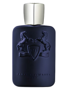 Parfums de Marly Layton dark blue perfume bottle with embossed horses and crest.