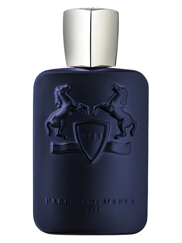 Parfums de Marly Layton dark blue perfume bottle with embossed horses and crest.