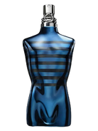 Jean Paul Gaultier Le Male In Blue Eau de Parfum bottle shaped like a torso with blue and black stripes.