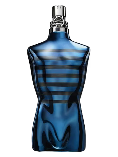 Jean Paul Gaultier Le Male In Blue Eau de Parfum bottle shaped like a torso with blue and black stripes.