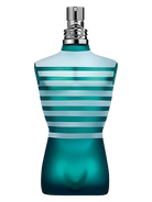 Jean Paul Gaultier Le Male Eau de Toilette bottle with blue and white stripes.