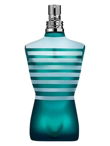 Jean Paul Gaultier Le Male Eau de Toilette bottle with blue and white stripes.