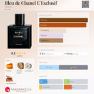 Bleu de Chanel L'Exclusif fragrance bottle with main accords, notes, and fragrance profile details.