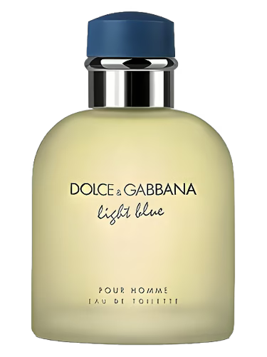 Dolce & Gabbana Light Blue Pour Homme Eau de Toilette bottle with a light yellow liquid and a blue cap.