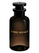 Louis Vuitton Ombre Nomade perfume bottle with gold lettering on a white background.