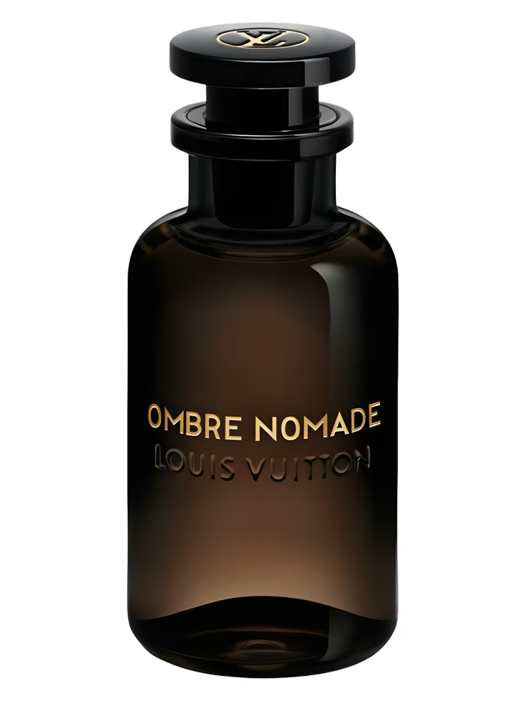 Louis Vuitton Ombre Nomade perfume bottle with gold lettering on a white background.