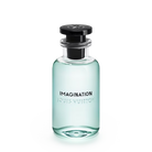 Louis Vuitton Imagination Eau de Parfum bottle with a light blue liquid and black cap.