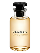 Louis Vuitton L'Immensite Eau de Parfum bottle with golden liquid and black cap.