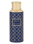 Blue bottle of Maison Asrar Legacy perfume with gold geometric pattern and gold cap.