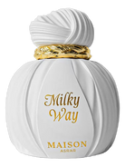 Maison Asrar Milky Way Eau de Parfum decant bottle with white pleated cap and gold band.