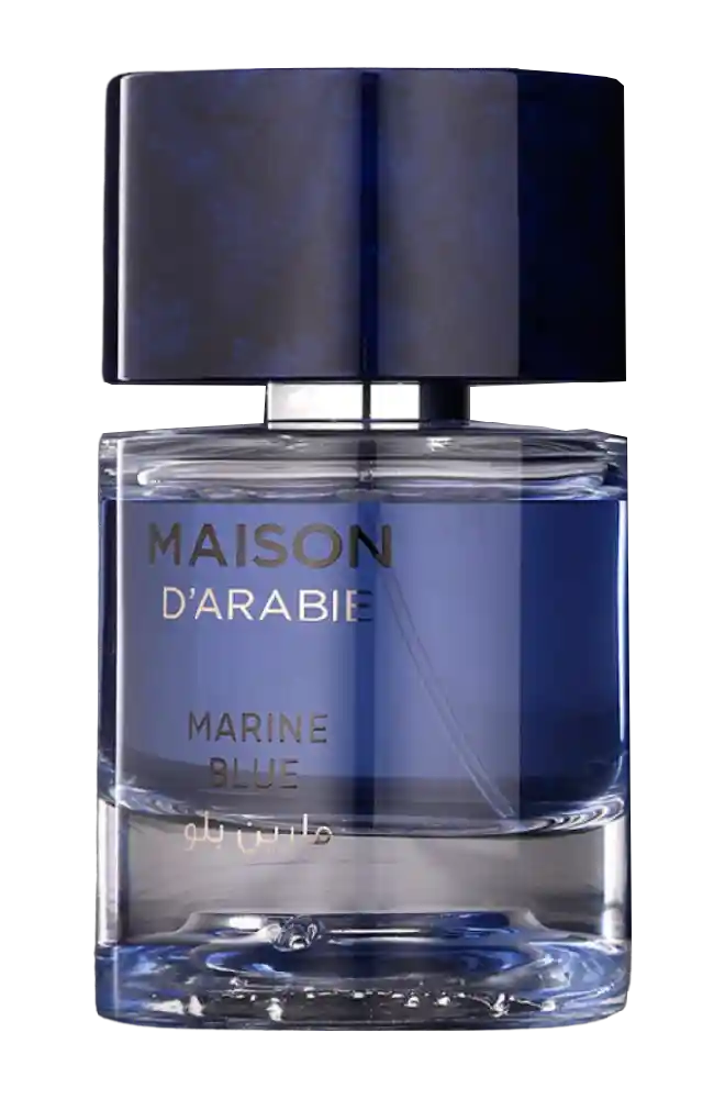 Maison D'arabia Marine Blue Eau de Parfum bottle with blue liquid and cap.