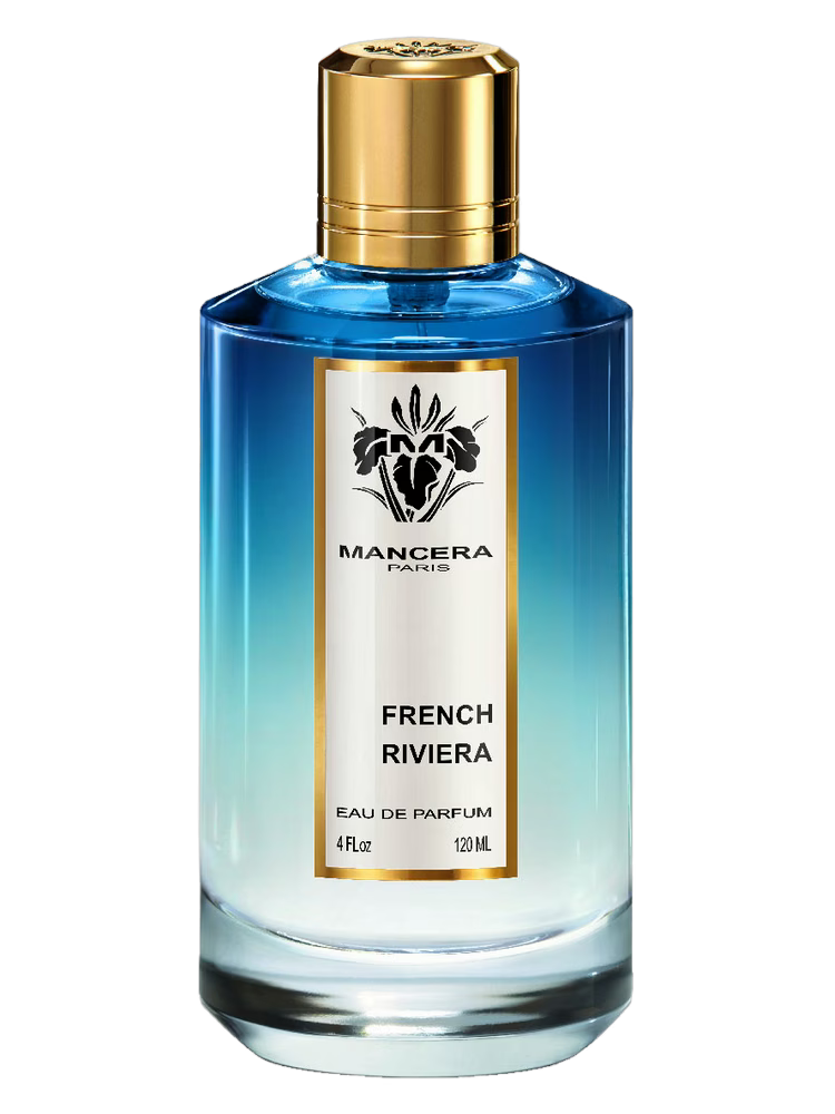 Mancera French Riviera Eau de Parfum bottle with a gold cap and a blue to clear gradient.