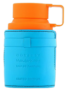 Armaf Odyssey Mandarin Sky LE Eau de Parfum bottle with orange cap and blue leather sleeve.