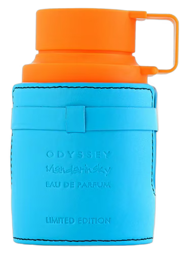 Armaf Odyssey Mandarin Sky LE Eau de Parfum bottle with orange cap and blue leather sleeve.