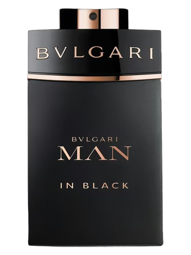 Bvlgari Man in Black Eau de Parfum bottle, black with rose gold accents.