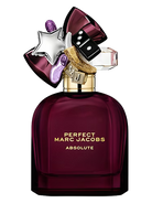 Marc Jacobs Perfect Absolute EDP fragrance bottle with a deep wine red hue and a decorative gold cap.