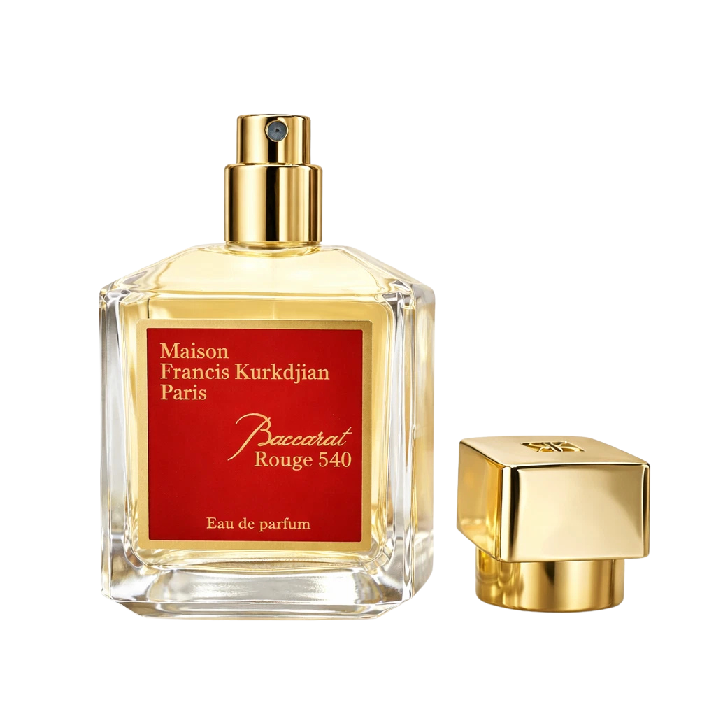 Maison Francis Kurkdjian Baccarat Rouge 540 Eau de Parfum bottle with gold cap off.