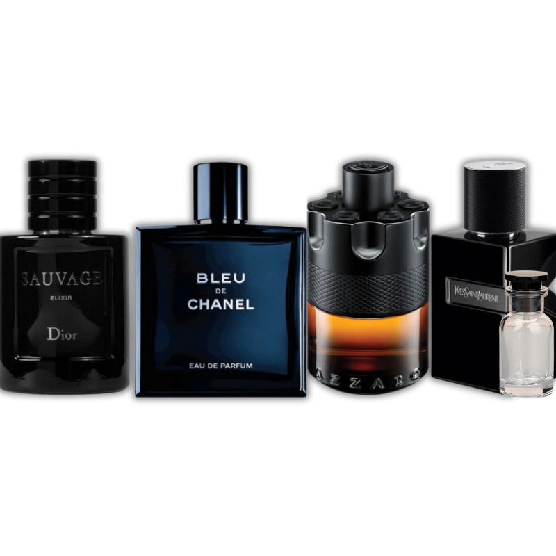 Four men's fragrance bottles: Dior Sauvage Elixir, Bleu De Chanel, Azzaro, and YSL.