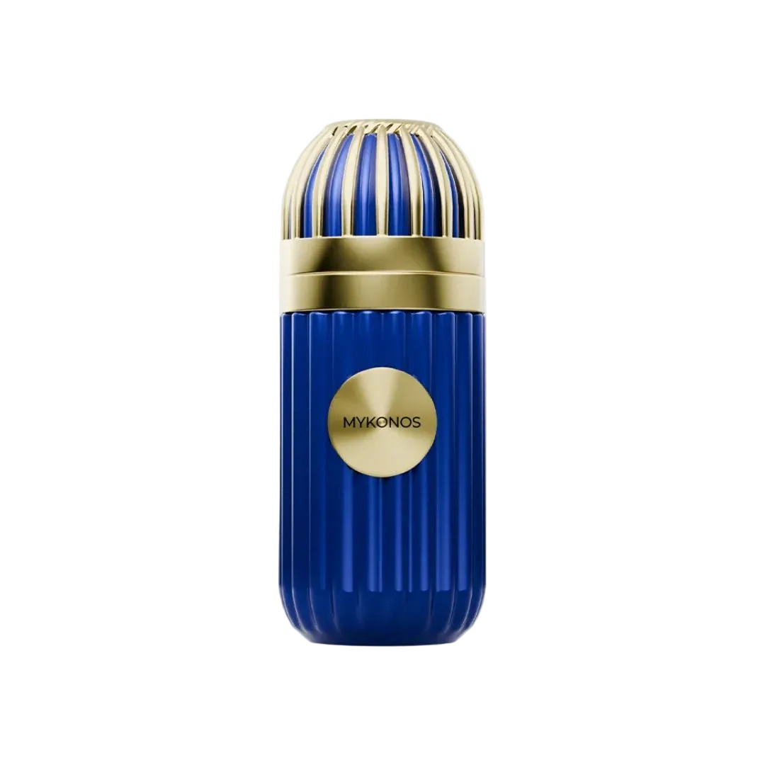 Blue and gold Mykonos Inception Extrait de Parfum decant bottle with ribbed texture.