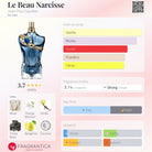 Jean Paul Gaultier Le Beau Narcisse fragrance bottle with notes and accords listed.