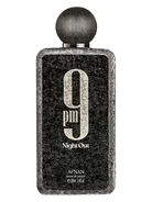 Afnan 9PM Night Out Extrait de Parfum bottle with a textured black finish and a round cap.
