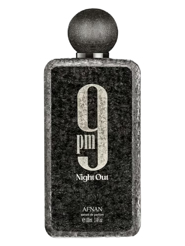 Afnan 9PM Night Out Extrait de Parfum bottle with a textured black finish and a round cap.