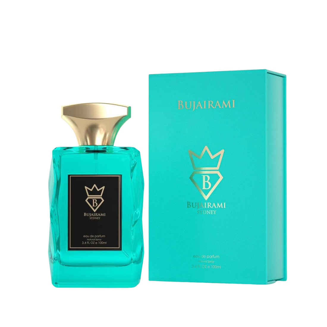 A turquoise perfume bottle and box with gold accents and the brand name Bujairami.