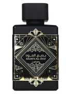 Black Lattafa Badee Al Oud bottle with gold geometric design and text.