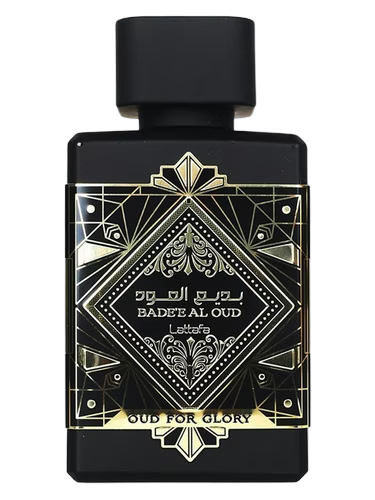 Black Lattafa Badee Al Oud bottle with gold geometric design and text.