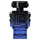 Paco Rabanne Phantom Intense perfume bottle shaped like a robot, with a blue gradient.