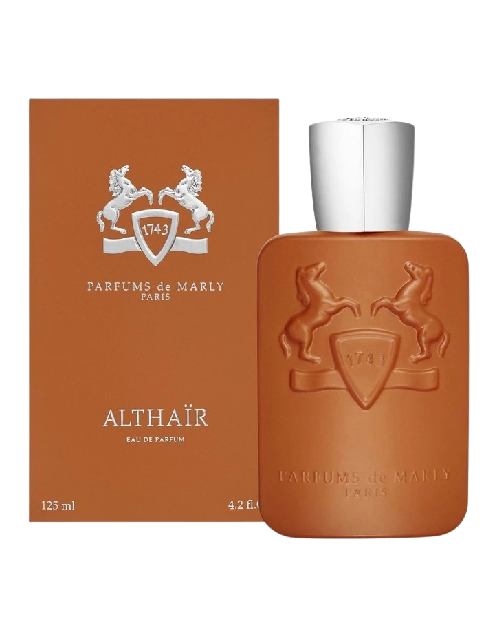 Parfum de Marly Althair Eau de Parfum bottle and box in orange with horse emblem.